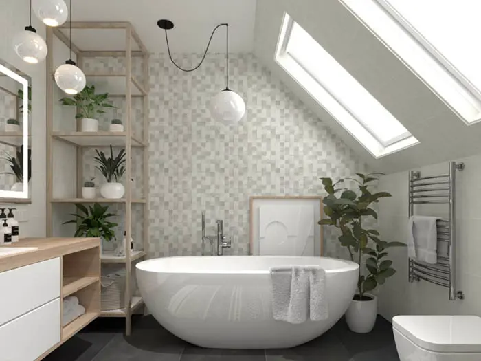 Badkamer Modern met hanglamp, meubelstuk, wc met wand- en vloertegels.