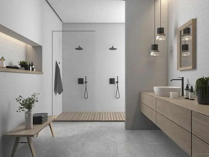 Badkamer modern harmonieus, met houten meubels, hang lamp, douche met vloer- en wandtegels.