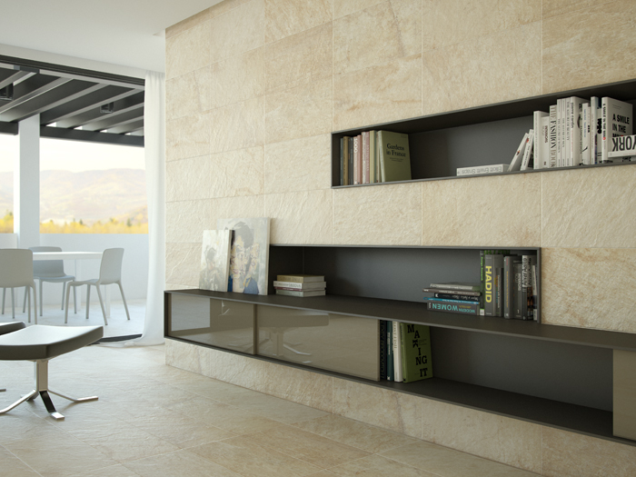 Moderne woonkamer met beigekleurige natuursteenlook wand- en vloertegels