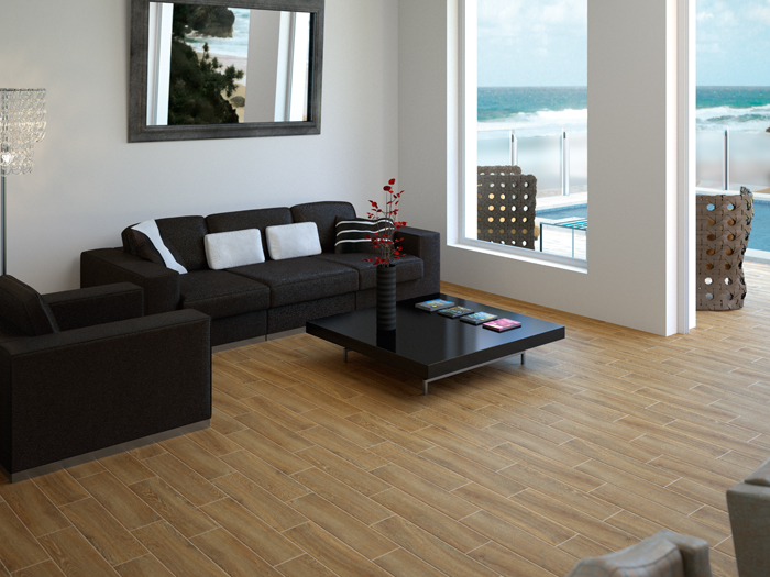 Moderne woonkamer met houtlook tegelvloer en uitzicht op het strand