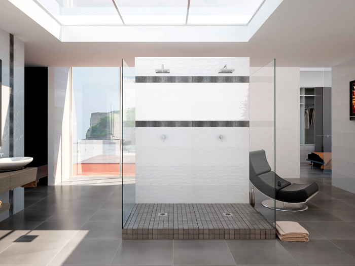 Moderne badkamer met witte wandtegels en grijze vloertegels
