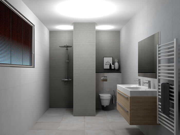 Moderne badkamer met grijze betonlook wand- en vloertegels