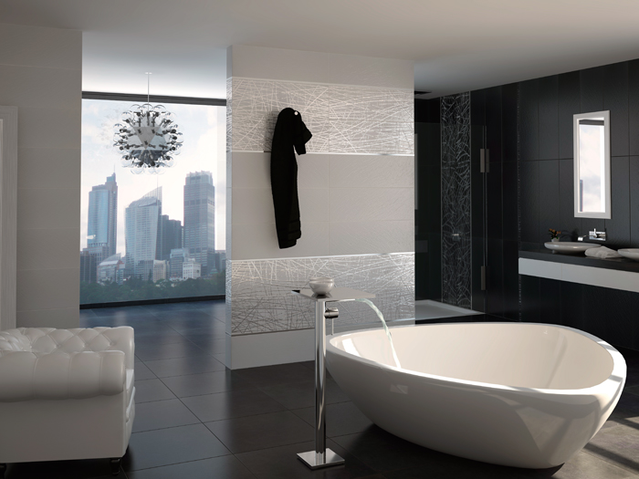 Moderne badkamer met zwarte vloertegels en een mix van zwarte, witte en decortegels