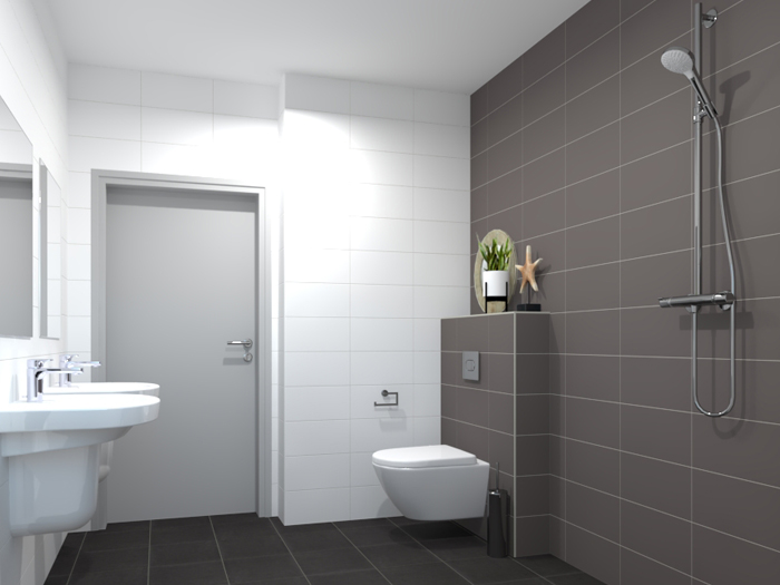 Modern basic badkamer met witte en grijze wandtegels en grijze vloertegels